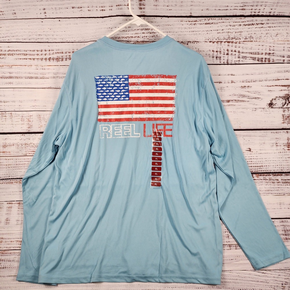 NWT Reel Life Sun Ray Defender XL Regular Blue Fish Flag UPF 50 Fishing Shirt